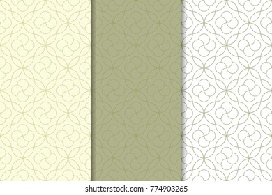 Set of geometric ornaments. Olive green and white seamless patterns for web, textile and wallpapers