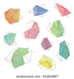 Set of geometric and outline polygon shapes. Trendy hipster logo design. Polygonal and crystal icons isolated on background. Colorful design. Vector illustration.
