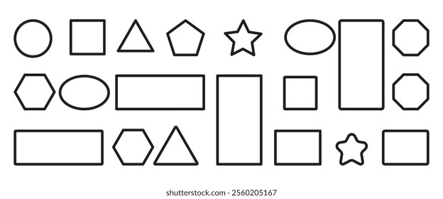 Set of geometric outline shapes quadrangle, circle, star, triangle, icons collection, sharp and slightly rounded version.circle and square border set.