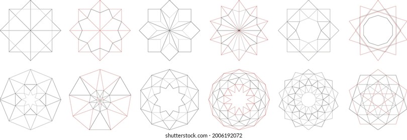 Set of geometric outlines design vector templates in stars, flowers, mosque dome, Islamic tiles shape patterns. Created using AI CS6.