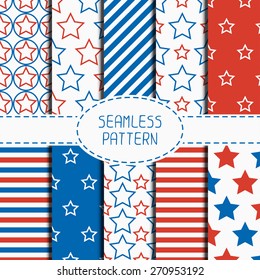 Set of geometric patriotic seamless pattern with red, white, blue stars. American symbols. USA flag. 4th of July. Wrapping paper. Paper scrapbook. Tiling. Vector nautical starry background.