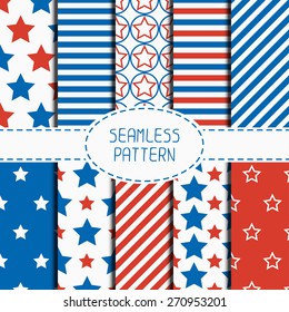 Set of geometric patriotic seamless pattern with red, white, blue stars. American symbols. USA flag. 4th of July. Wrapping paper. Paper for scrapbook. Tiling. Vector nautical background.