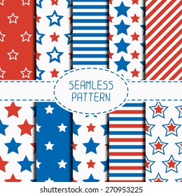 Set of geometric patriotic seamless pattern with red, white, blue stars. American symbols. USA flag. 4th of July. Wrapping paper. Paper for scrapbook. Tiling. Vector nautical background.