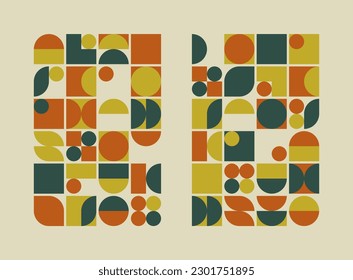 Set of geometric pattern backgrounds. Bauhaus trendy style. Vector illustration. Design for decoration with circles, squares, semicircles and other geometric shapes.