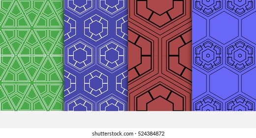 set of geometric pattern. decorative Hexagon ornament. Green, red, blue color. Vector illustration. for design, wallpaper.