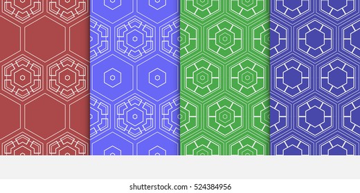 set of geometric pattern. decorative Hexagon ornament. Green, red, blue color. Vector illustration. for design, wallpaper.