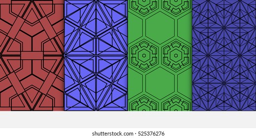 set of geometric pattern. decorative Hexagon ornament. Green, red, blue color. Vector illustration. for design, wallpaper.