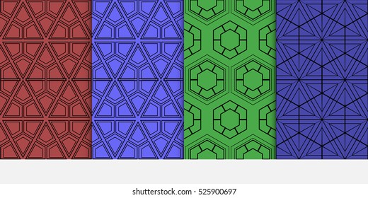 set of geometric pattern. decorative Hexagon ornament. Green, red, blue color. Vector illustration. for design, wallpaper.