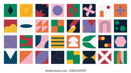 Set of geometric pattern element in 70s style. Retro groovy abstract collection of vibrant colorful shapes, circles, polygon. Modern trendy illustration design for cover, fabric, poster, wall art.