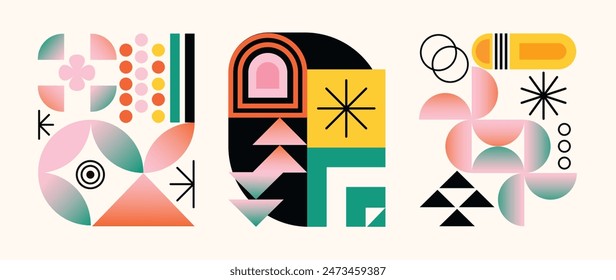 Set of geometric pattern element background vector. Collection of abstract circle, square, polygon shape with colorful tone. Modern and trendy design for decor, cover, print, interior deco.