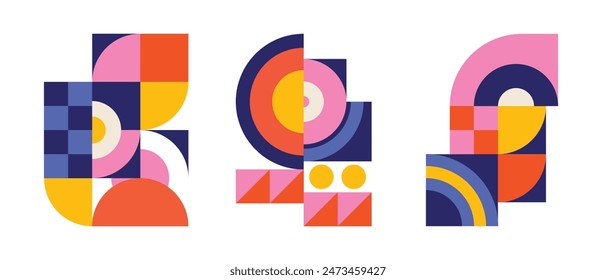 Set of geometric pattern element background vector. Collection of abstract circle, square, polygon shape with colorful tone. Modern and trendy design for decor, cover, print, interior deco.