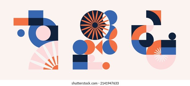 Set of geometric pattern element in mid-century style. Collection of abstract circle, square and flower shape with blue and orange color. Modern design on white background for decor, cover, print.