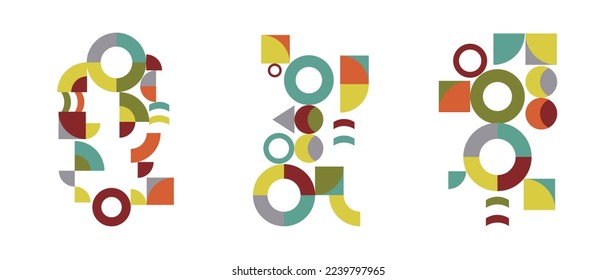 Set of geometric pattern element in mid-century style. Retro abstract collection of colorful circle, curve, square and triangle shapes. Modern trendy design for cover, business card, poster, wall art.