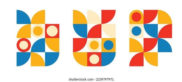 Set of geometric pattern element in mid-century style. Retro abstract collection of colorful red, yellow, blue circle and square shapes. Modern design for cover, business card, poster, wall art.