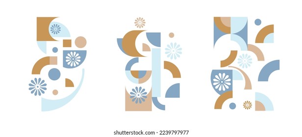 Set of geometric pattern element in mid-century style. Retro abstract collection of blue and brown color circle, square, flower shapes. Modern trendy design for cover, business card, poster, wall art.