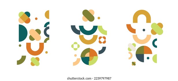 Set of geometric pattern element in mid-century style. Retro abstract collection of earthtone color curve, circle, capsule, flower shapes. Modern design for cover, business card, poster, wall art.