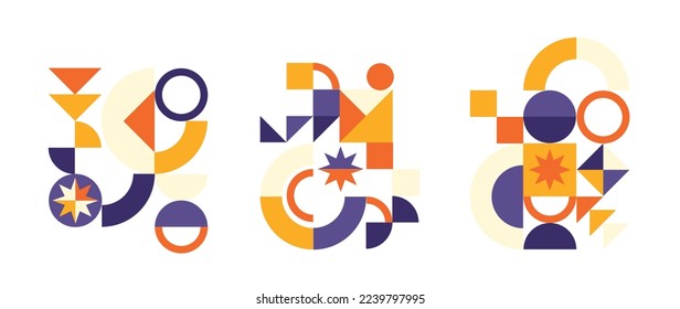 Set of geometric pattern element in mid-century style. Retro abstract collection of colorful circle, curve, star and triangle shapes. Modern trendy design for cover, business card, poster, wall art.
