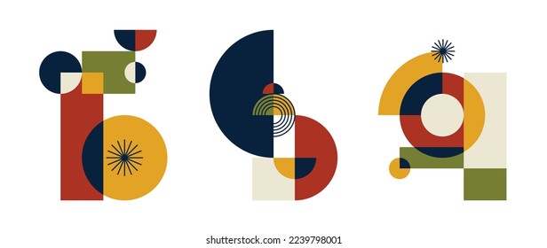 Set of geometric pattern element in mid-century style. Retro abstract collection of colorful circle, square, rectangle shape and lines. Modern trendy design for cover, business card, poster, wall art.