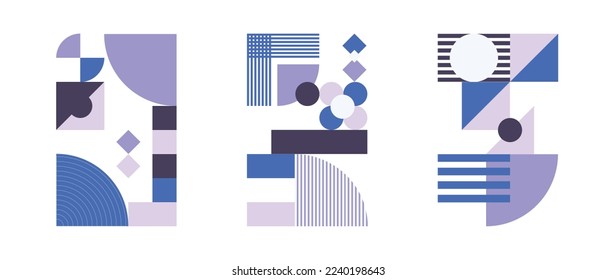 Set of geometric pattern element in mid-century style. Retro abstract blue and purple color collection of circle, square, stripe lines. Modern trendy design for cover, business card, poster, wall art.