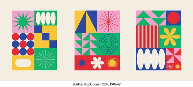 Set of geometric pattern element in mid-century style. Retro abstract collection of vibrant colorful geometric shape, starburst, spark. Modern trendy design for cover, business card, poster, wall art.