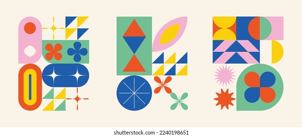 Set of geometric pattern element in mid-century style. Retro abstract collection of vibrant colorful sparkle, starburst, flower shape. Modern trendy design for cover, business card, poster, wall art.