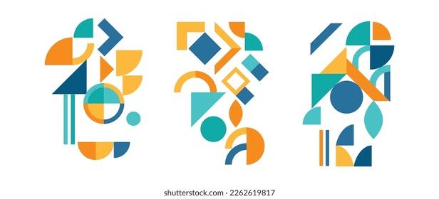 Set of geometric pattern element in mid-century style. Retro abstract collection of colorful circle, curve, square and triangle shapes. Modern trendy design for cover, business card, poster, wall art.