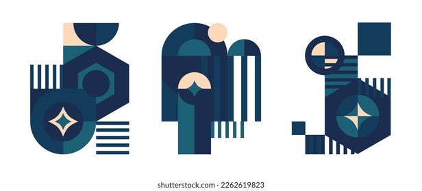 Set of geometric pattern element in mid-century style. Retro abstract collection of colorful circle, curve, stripes, sparkle shapes. Modern trendy design for cover, business card, poster, wall art.
