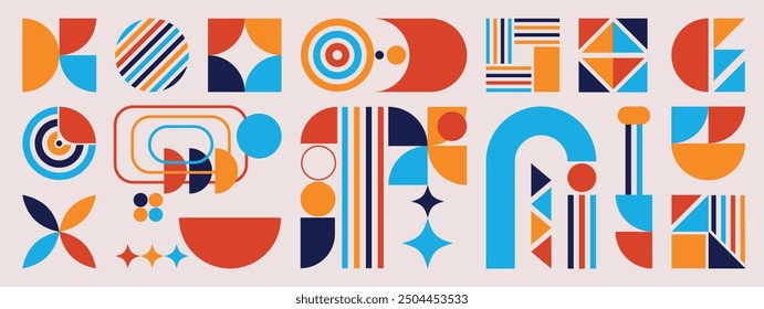 Set of geometric pattern element in mid-century style. Retro abstract collection of vibrant colorful sparkle shape, line. Modern trendy design for cover, business card, poster, wall art.