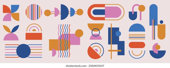 Set of geometric pattern element in mid-century style. Retro abstract collection of vibrant colorful sparkle shape, line. Modern trendy design for cover, business card, poster, wall art.