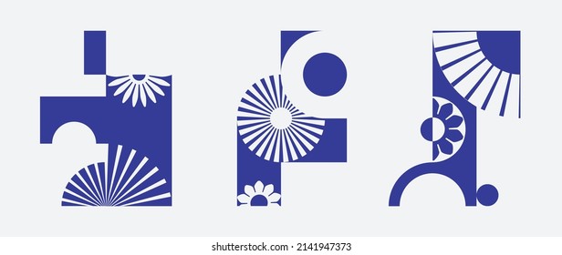 Set of geometric pattern element in minimal style. Collection of abstract circle, square, sun and flower shape with blue color. Modern and trendy design on white background for decor, cover, print.