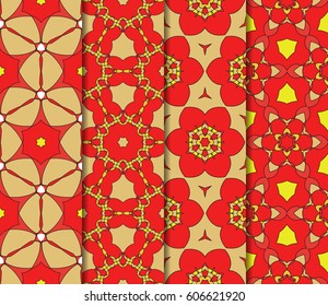 set of geometric pattern in floral lace style. Ethnic ornament. Vector illustration. For modern interior design, fashion textile print, wallpaper, decor panel. red, gold, yellow color