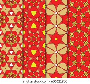 set of geometric pattern in floral lace style. Ethnic ornament. Vector illustration. For modern interior design, fashion textile print, wallpaper, decor panel. red, gold, yellow color