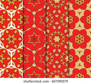set of geometric pattern in floral lace style. Ethnic ornament. Vector illustration. For modern interior design, fashion textile print, wallpaper, decor panel. red, gold, yellow color