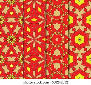 set of geometric pattern in floral lace style. Ethnic ornament. Vector illustration. For modern interior design, fashion textile print, wallpaper, decor panel. red, gold, yellow color