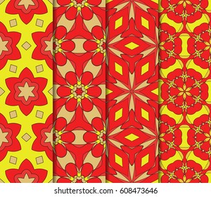 set of geometric pattern in floral lace style. Ethnic ornament. Vector illustration. For modern interior design, fashion textile print, wallpaper, decor panel. red, gold, yellow color