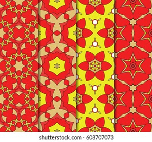 set of geometric pattern in floral lace style. Ethnic ornament. Vector illustration. For modern interior design, fashion textile print, wallpaper, decor panel. red, gold, yellow color