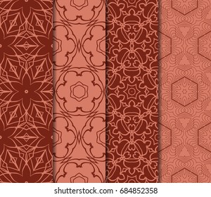 Set of geometric pattern in floral lace style. Vector illustration. For modern interior design, fashion textile print, wallpaper, decor panel. brick color