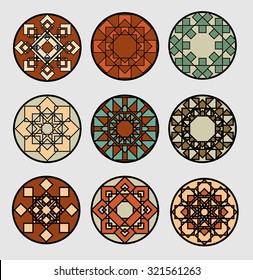 Set of geometric patterned circles in traditional ethnic style. Decoration for ceramics design.