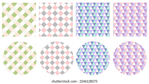 A set of geometric patterns in a cage and a triangle in delicate pastel colors plus round logos