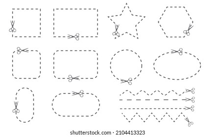 Set of geometric patterns for cutting with scissors. The paper coupon is cut along the outline. The border is outlined with a dashed line. Elements of rectangular, square, round shape.
Vector illustra