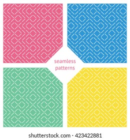 Set of geometric patterns with diagonal stitches. White stitching on a colored background.
