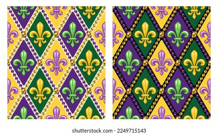 Set of geometric patterns with fleur de lis symbol. Diagonal rhombus grid. Illustration for Mardi Gras carnival. Vintage illustration for prints, clothing, holiday, surface design