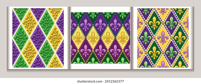 Set of geometric patterns with fleur de lis symbol. Diagonal rhombus grid. Illustration for Mardi Gras carnival. Vintage illustration for prints, clothing, holiday, surface design