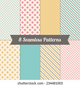 Set of Geometric Patterns with Flowers, Polka Dot and Diagonal Stripes in Pink, Yellow, Grey, Turquoise and Beige. Perfect for wallpapers, textile, wrapping and gift papers, birthday and wedding cards