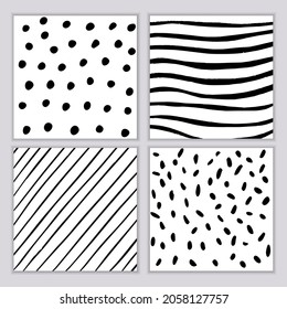Set of geometric patterns of hand drawn elements. Vector background of stripes, dots, circles in black on white background. Modern minimalist design.