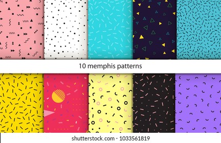 Set of geometric patterns in the Memphis style. 10 colorful  pattern. Patterns and backgrounds for your design. Design 80-90. Vector illustration.