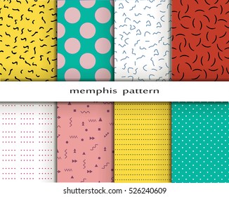 Set of geometric patterns in the Memphis style. 8 color  pattern. Patterns and backgrounds for your design. Design 80-90. Vector illustration.