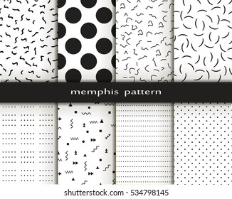 Set of geometric patterns in the Memphis style. 8 black-and-white pattern. Patterns and backgrounds for your design. Design 80-90. Vector illustration