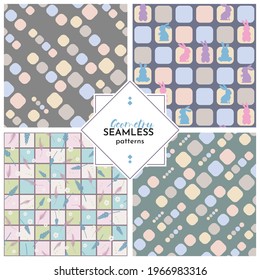Set of geometric patterns on a dark background. Multi-colored squares and circles with bunnies and plants. Patterns for decorating a children's room or kitchen.