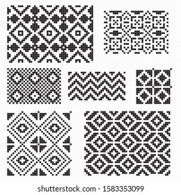 set of geometric patterns in pixel style, black and white seamless pattern